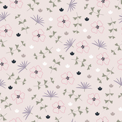 Dainty floral seamless surface pattern design. Allover printed floral arrangement of bunch of blooming wildflowers and leaves
