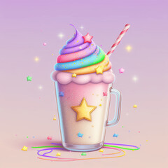 Cute Kawaii Food, Adorable Rainbow Milkshake, Illustration in pastel colors, Food and Drink, Anime style, Sweet