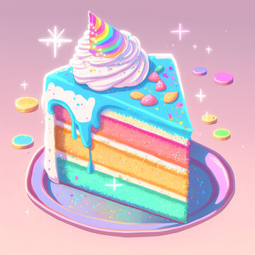 Cute Kawaii Food, Adorable Slice of cake , Illustration in pastel colors, Food and Drink, Anime style, Sweet