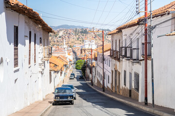 street view of sucre colonial town, bolivia