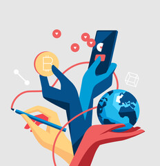 Totem di mani che compiono diverse attivita. Disegnare, navigare sui social network, investire in Bit Coin e sostenere il pianeta Terra.