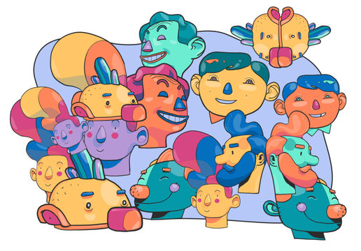 Composizione colorata di facce e personaggi divertenti