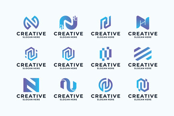 Set of Letter N logo design combine with creative shape.
