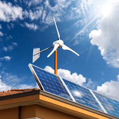 Solar panels and a small wind turbine on the top of a roof of a house, against a blue sky with...