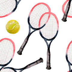 Watercolor tennis pattern, racket with a ball, hand drawn illustration