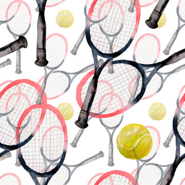 Tennis racquets and balls. Seamless watercolor pattern with sport equipment. Hand-drawn original background. Real watercolor drawing.