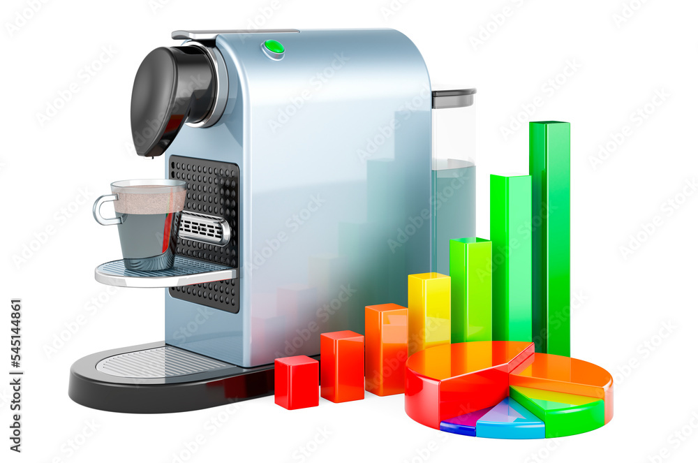 Poster coffee pod machine with growth bar graph and pie chart, 3d rendering
