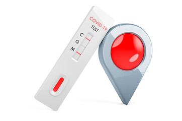 Test COVID-19 coronavirus, rapid test cassette with map pointer, 3D rendering