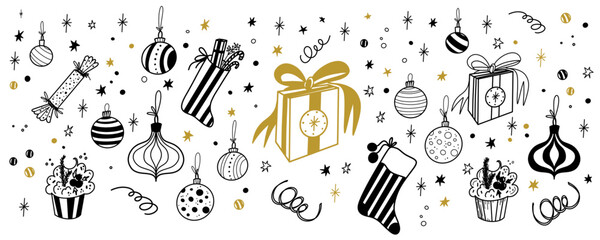 Christmas doodle. Line vector hand drawn. Christmas balls, confetti, presents, gift box, gift sock, cake