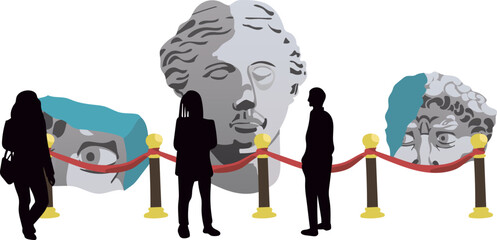 The head of Aphrodite and parts of the destroyed head of David. Museum visitors look at cultural exhibits. Ready-to-use eps image for your design. For posters stickers postcards art events invitations