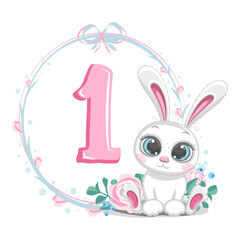 Birthday of a baby who turns 1 month or a year old with a cute framed bunny and flowers