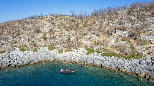 Aerial view of wild fire areas near &Ccedil;&ouml;kertme G&ouml;kova Bay Turkey