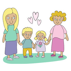 Two mums, son and daughter. Cartoon portrait of two mums family