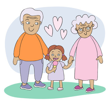 Grandparents walk with granddaughter. Girl eating ice-cream. Cartoon illustration of happy family