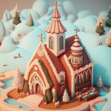 Beautiful cathedral in snow, gingerbread church, 3d illustration, historic church gingerbread landscape 3d render, old Christian chapel with cross