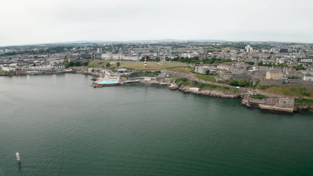 Plymouth Smeaton's Tower with city behind in United Kingdom