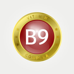 Vitamin B9 Icon structure circle brown, gold border. Pill complex, collagen serum chemical formula. Beauty treatment nutrition skin care design, healthy. Medical, scientific. 3D Vector EPS10.