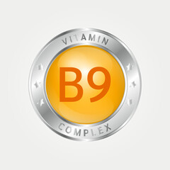 Icon structure vitamin B9 circle yellow, gold. silver border. Pill complex, collagen serum chemical formula. Beauty treatment nutrition skin care design, healthy. Medical, scientific. 3D Vector EPS10.