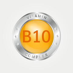 Icon structure vitamin B10 circle yellow, gold. silver border. Pill complex, collagen serum chemical formula. Beauty treatment nutrition skin care design, healthy. Medical, scientific. 3D Vector EPS10
