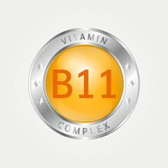 Icon structure vitamin B11 circle yellow, gold. silver border. Pill complex, collagen serum chemical formula. Beauty treatment nutrition skin care design, healthy. Medical, scientific. 3D Vector EPS10