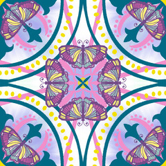 Various oriental colorful decorations combined to create seamless pattern illustration. Hand drawn graphic