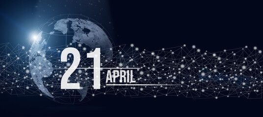 Obraz na płótnie Canvas April 21st . Day 21 of month, Calendar date. Calendar day hologram of the planet earth in blue gradient style. Global futuristic communication network. Spring month, day of the year concept.