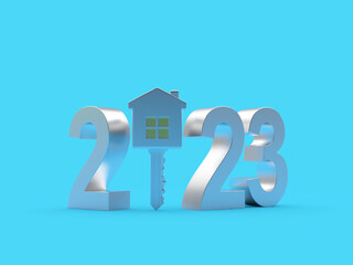 Silver house key with New Year's number 2023 on blue. 3d illustration