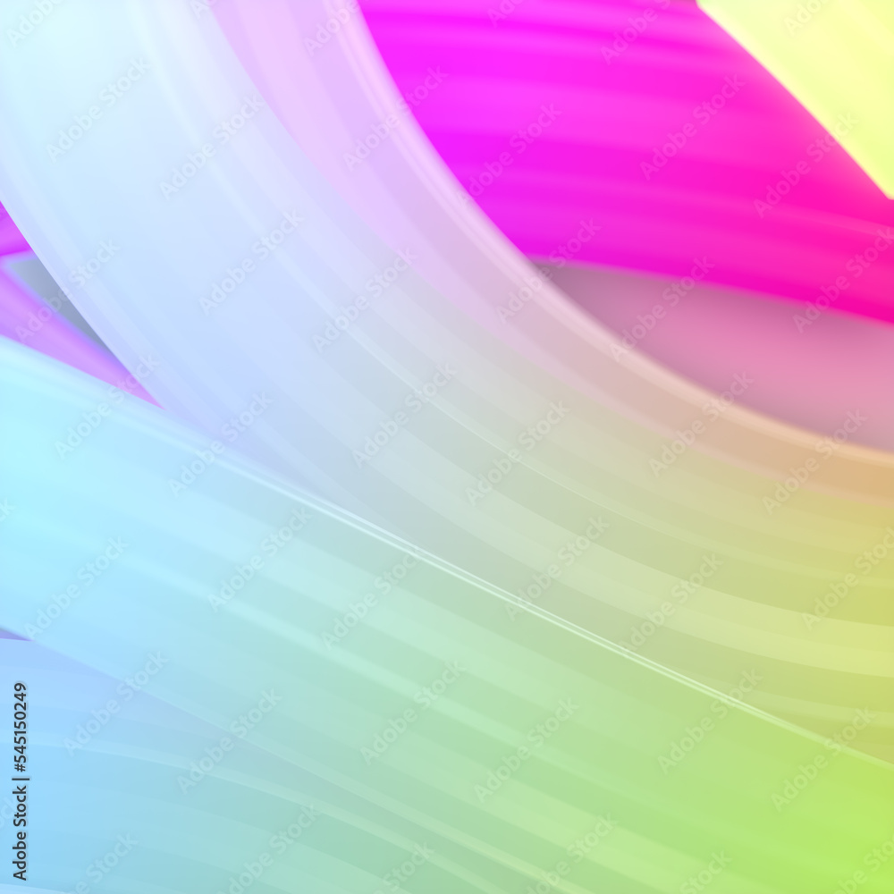 Poster Background of twisted neon colored geometric shapes with shiny stripes. 3d rendering digital illustration