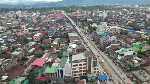 Aerial Drone Shot Of Highway Near Imphal Market In Manipur, India