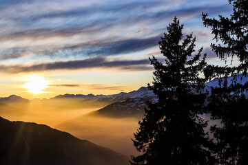 Winter Evening and Sunset in the French Alps