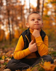 The boy in the autumn park sitting on the yellow foliage