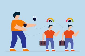 Employee recharge to boost productivity, manager holding huge charging cable ready to charge low battery employees.