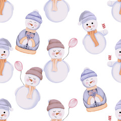 Seamless pattern with three Christmas snowman. Watercolor winter illustration isolated on transparent background.