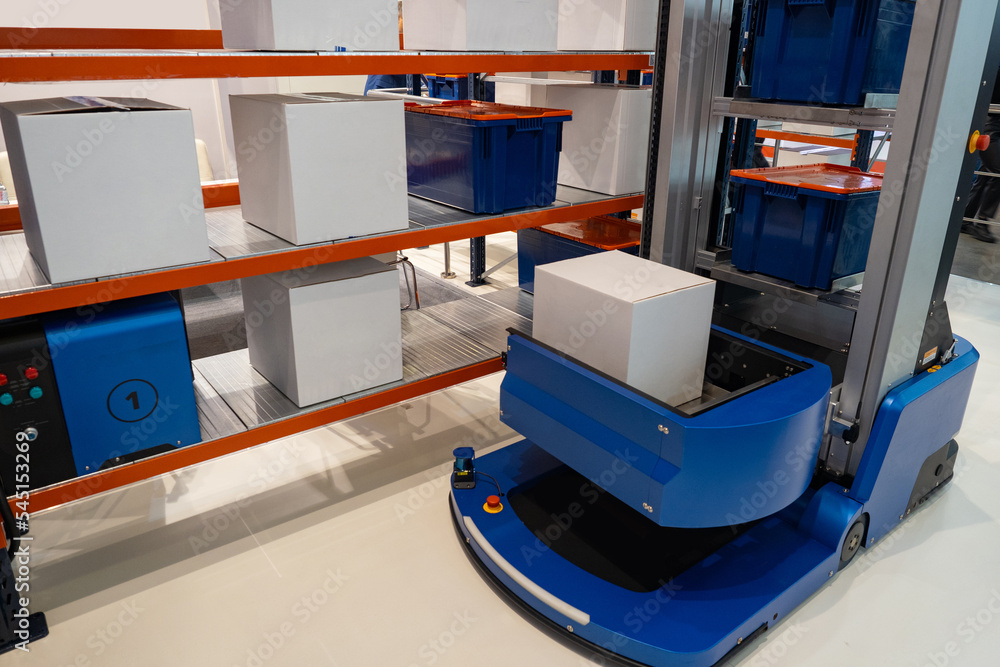 Poster warehouse automation. sorting machine drives inside warehouse. automated production storage. robotic