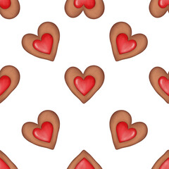 Seamless pattern with strawberry heart shape cookies. Watercolor cookie illustration isolated on transparent background. 