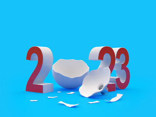 Red New Year 2023 number with broken Christmas ball on blue. 3D illustration