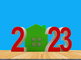 Colorful number 2023 New Year and green house icon on blue background. 3D illustration