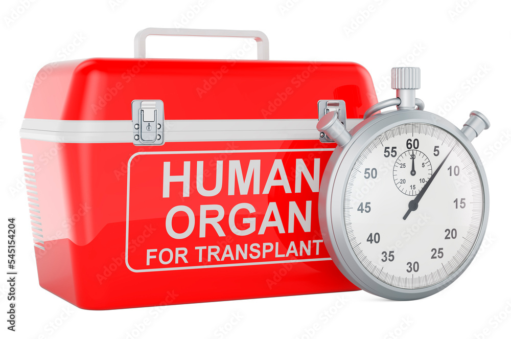 Poster portable fridge for transporting donor organs with stopwatch. 3d rendering