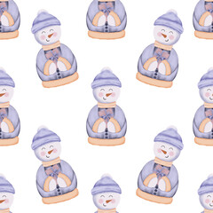 Seamless pattern Christmas snowman. Snowman in a purple beanie hat and coat. Watercolor winter illustration isolated on transparent background.
