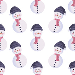 Seamless pattern Christmas snowman. Snowman in a blue beanie hat and pink scarf. Watercolor winter illustration isolated on transparent background.