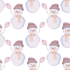 Seamless pattern Christmas snowman. Snowman in a pink beanie hat,orange scarf and pink balloon. Watercolor winter illustration isolated on transparent background.