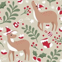 Vector decorative Christmas seamless pattern. Cute illustration with deer, leaves, xmas elements for greeting cards, social media post, print design.