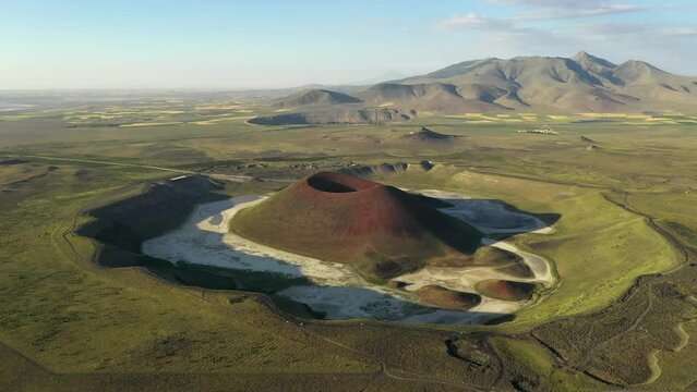 Aerial view of Meke crater lake in Turkey. A dormant volcano landscape 