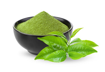 Matcha green tea in black bowl and leaves isolated on transparent png