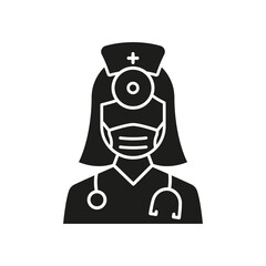 Otolaryngologist Doctor Silhouette Icon. Otolaryngology Medic Staff with Stethoscope, Mirror Glyph Black Pictogram. Ear, Nose, Throat Doctor Icon. Isolated Vector Illustration