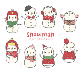 set of cute Christmas snowman and snowgirl cartoon hand drawing doodle outline illustration vector