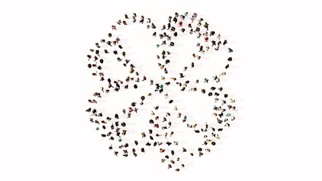 Concept or conceptual large gathering of people forming an image of a four-leafed clover.  A 3d illustration metaphor for good luck, faith, hope, love, tradition, nature, growth and spring