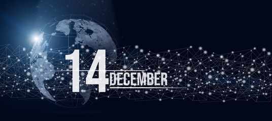 December 14th. Day 14 of month, Calendar date. Calendar day hologram of the planet earth in blue gradient style. Global futuristic communication network. Winter month, day of the year concept.