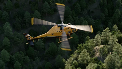 Foto op Plexiglas Helikopter vliegt over het bos Helikopter in geelzwarte kleuren die door beboste bergen vliegen © Pixel Fabrikası