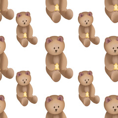 Seamless pattern with teddy bear and star sitting. Watercolor illustration.